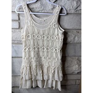 Indigo Soul Women's Size Small Boho Crochet Fringe Ruffle Tunic Tank Top Cream